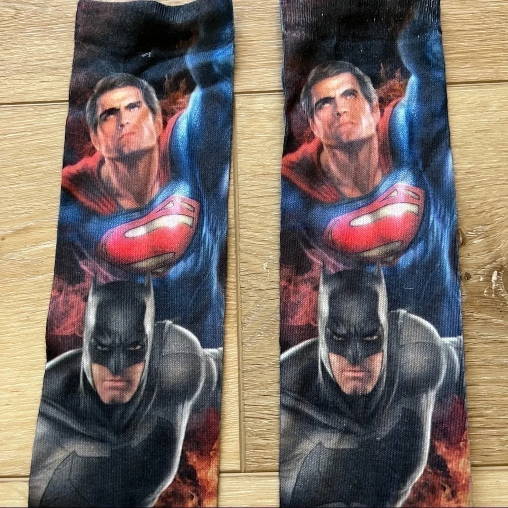 𝅺superhero Knee socks, size 16, Superman Batman Wonder Woman, blue red orange.
